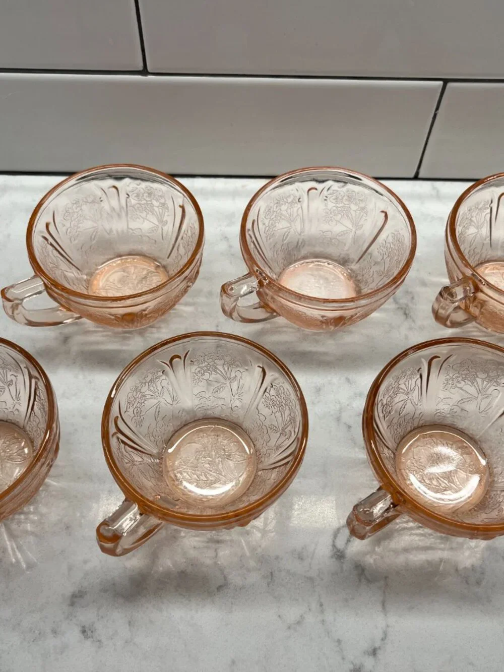 (6) Vintage Pink Depression Jeannette Glass Cherry Blossom Teacups